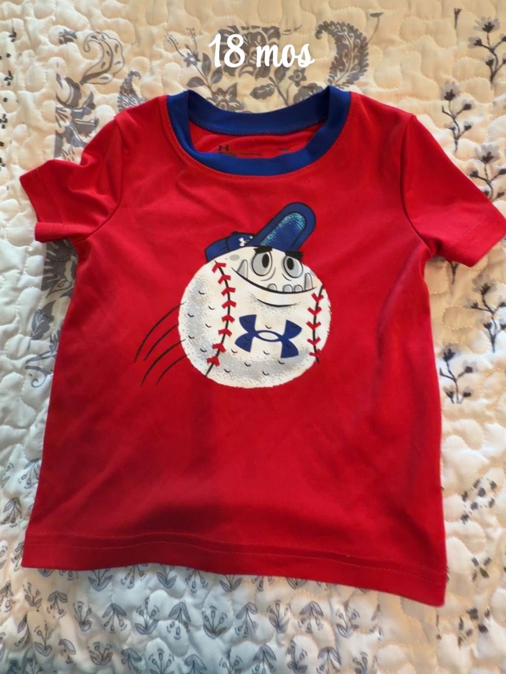 Under Armour Red Tee with Baseball Graphic and Blue Trim - Kids